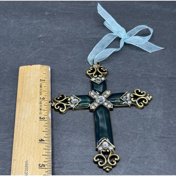 Enameled Metal Cross Ornament Rhinestone Ribbon Antiqued Christmas Holiday Decor - Picture 4 of 5